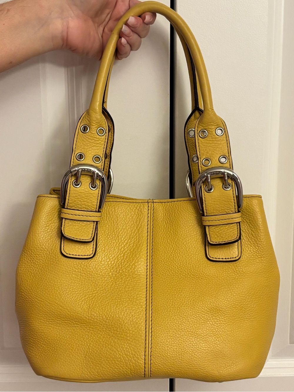 Tignanello Yellow Pebbled Leather Satchel Shoulder Bag Silver Hardware EUC